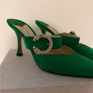 Jimmy Choo Emerald Green Mules with Crystal Buckle